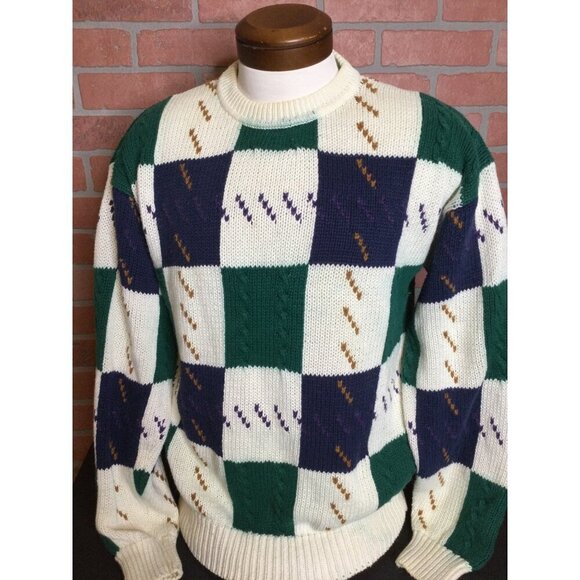 Vintage St Johns Bay Checkerboard Knit Grandpa Sweater Cable Knit Mens L - Picture 2 of 14